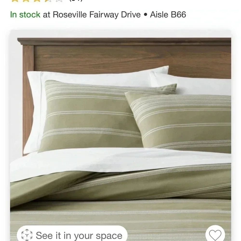 NWOT F/Q Cotton Woven Stripe Duvet‎ Cover & Sham Set Moss Green/White -Thr…